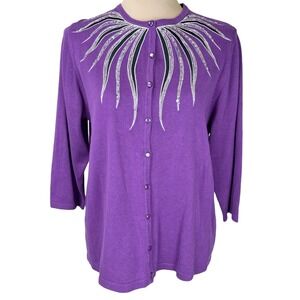 Bob Mackie Wearable‎ Art Cardigan Purple Embellished 3/4 Sleeve Large